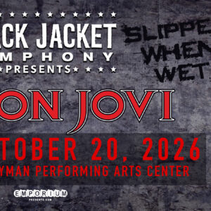A promotional image for Black Jacket Symphony presenting Bon Jovi's "Slippery When Wet" album